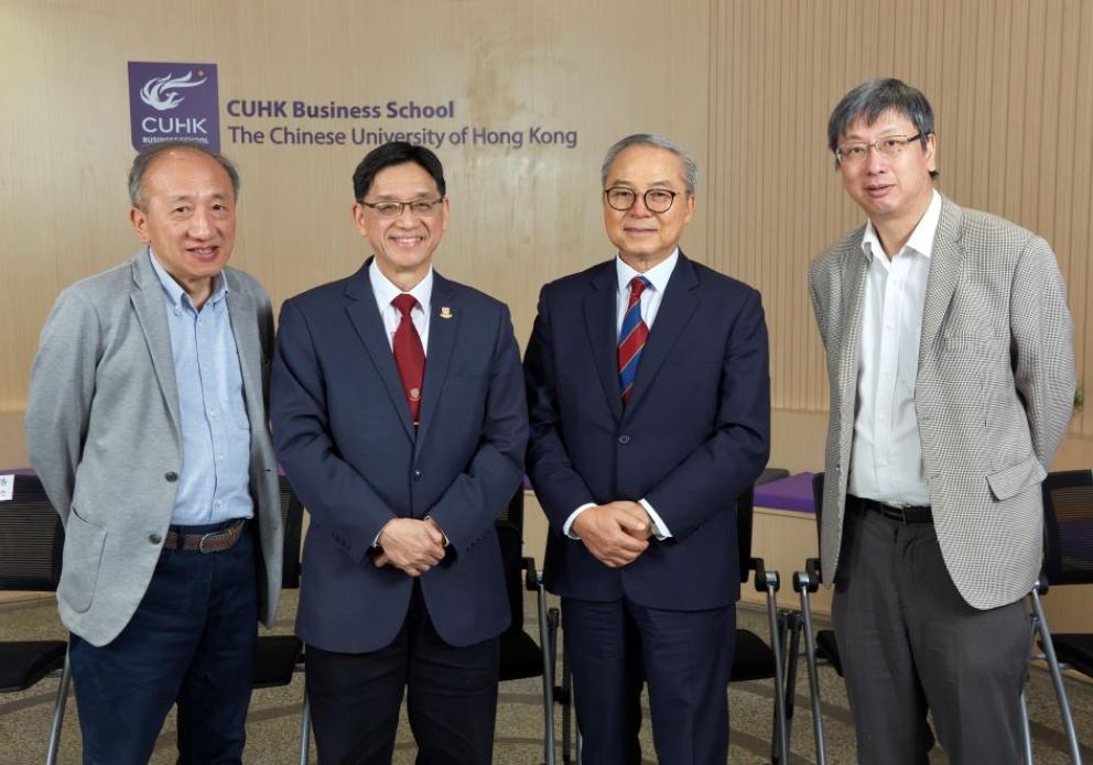 Photo of Professor Tsang Hon-ki (first from right) with (starting from second from the right) Mr Clement Fung, Chair of Board of Trustees of Shaw College, Professor Andrew Chan, then College Head and Professor Hau Kit-tai taken at the Board of Trustees meeting 2019